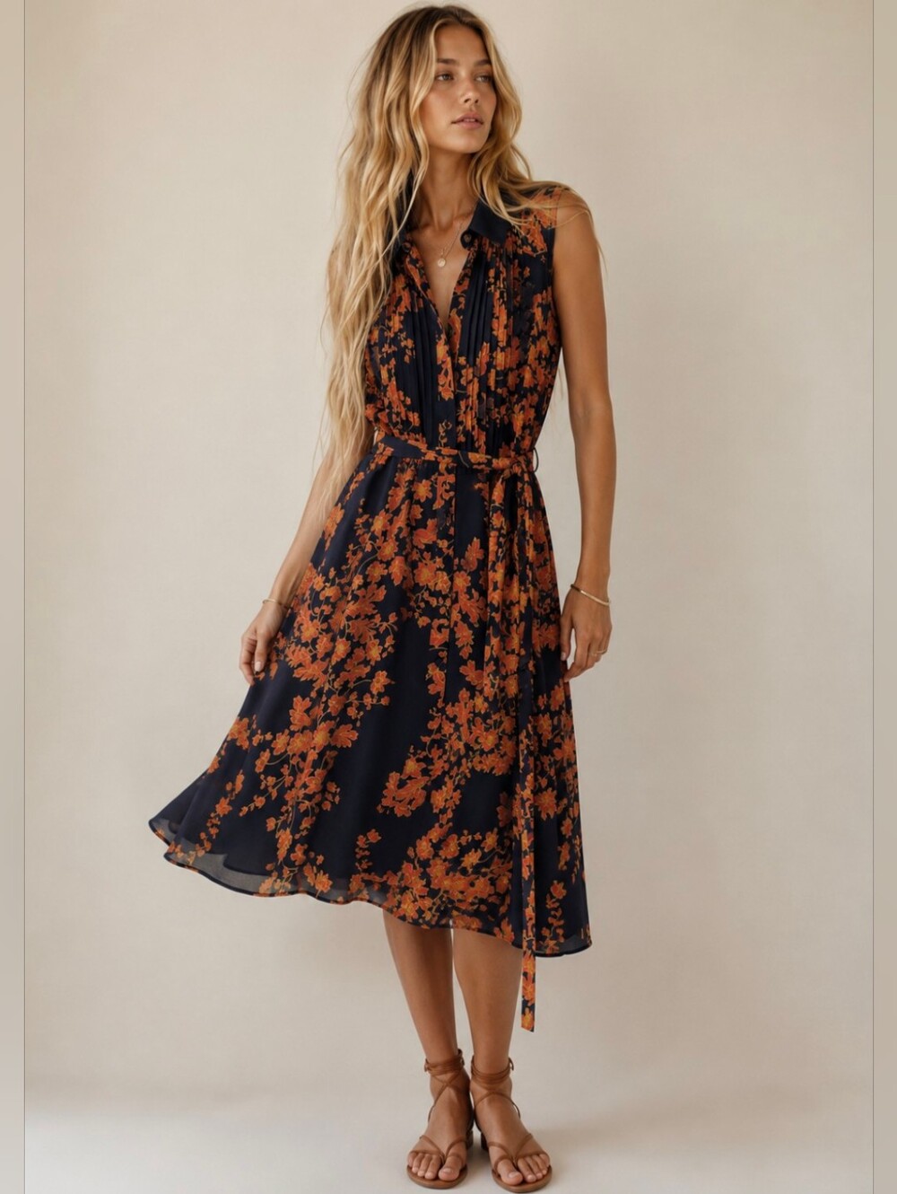 Nanette Lepore Navy Blue Orange Collared Pleated Button Front Sleeveless Dress 2